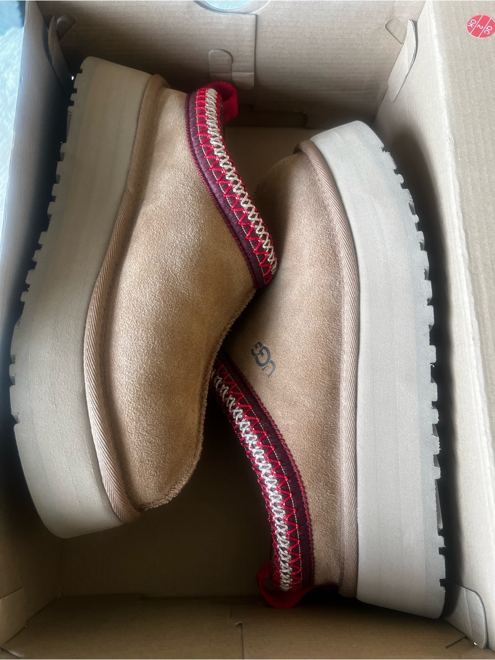 UGG Tan Suede Platform Slip-On Mules with Red Trim - never worn